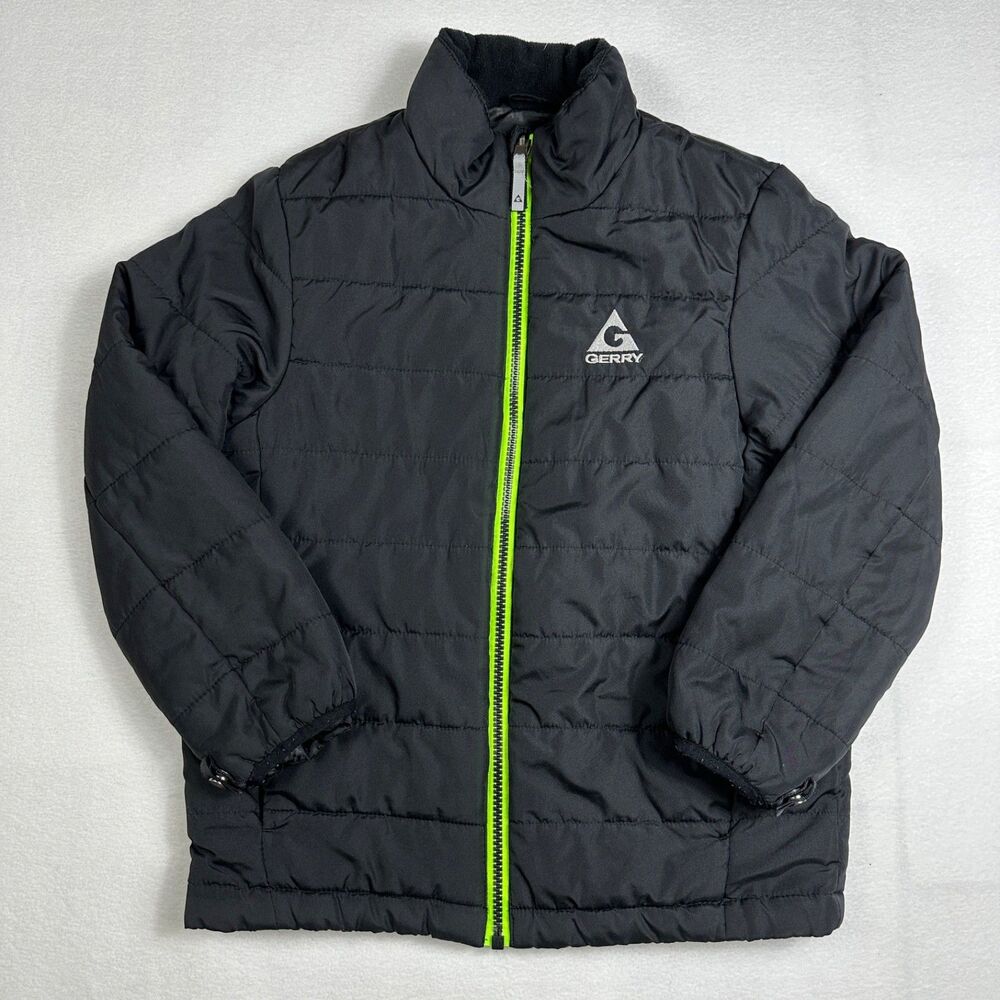 Gerry Boys Size S (7/8) Puffer Jacket Black Neon Lime Green Accent Full Zip Coat